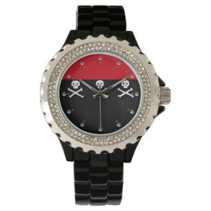 SKULLS AND CROSSED BONES  RED BLACK PIRATE FLAG WATCH