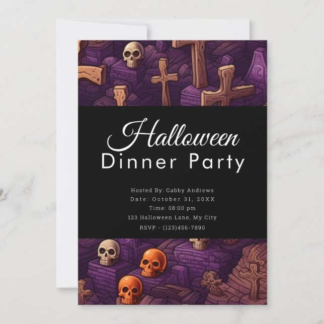 Skulls and Crosses Cemetery Halloween Dinner Party Invitation (Front)