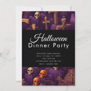 Skulls and Crosses Cemetery Halloween Dinner Party Invitation