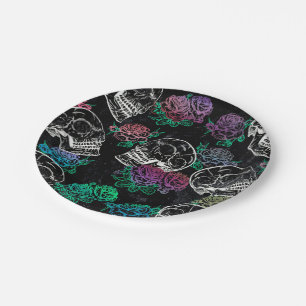 Skulls and Dark Roses   Funky Glam Ombre Grunge Paper Plate