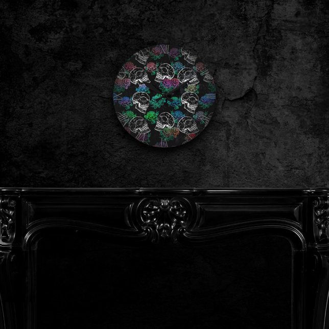 Skulls and Dark Roses | Funky Glam Ombre Grunge Round Clock (Creator Uploaded)
