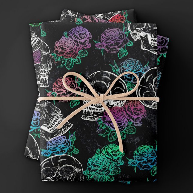 Skulls and Dark Roses | Funky Glam Ombre Grunge Wrapping Paper Sheet (Creator Uploaded)