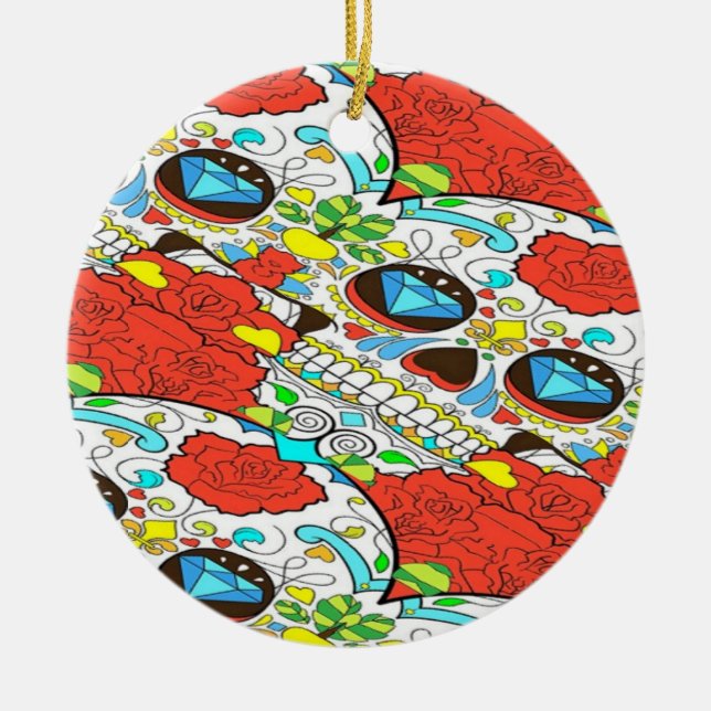Skulls and flowers ceramic tree decoration (Front)