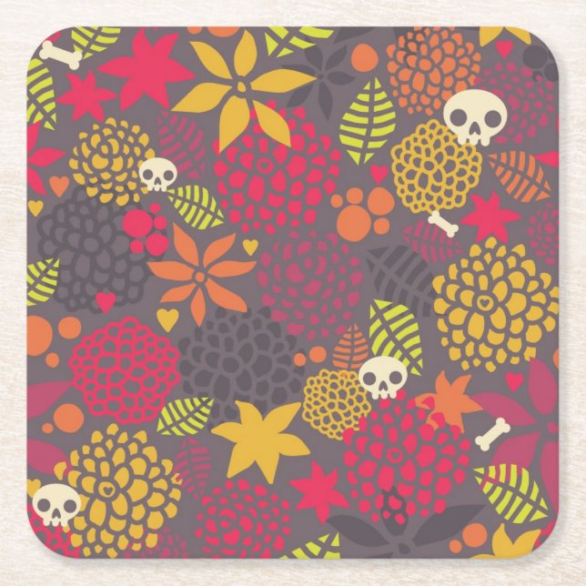 Skulls and flowers. square paper coaster (Front)