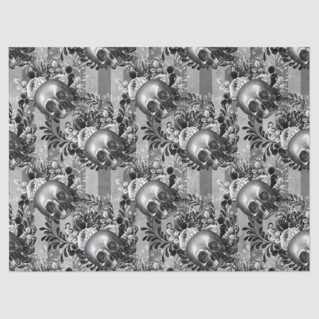 Skulls and Grey Roses on Grey Striped Decoupage Tissue Paper (Front)