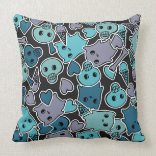 Skulls, and hearts on black background 2 cushion