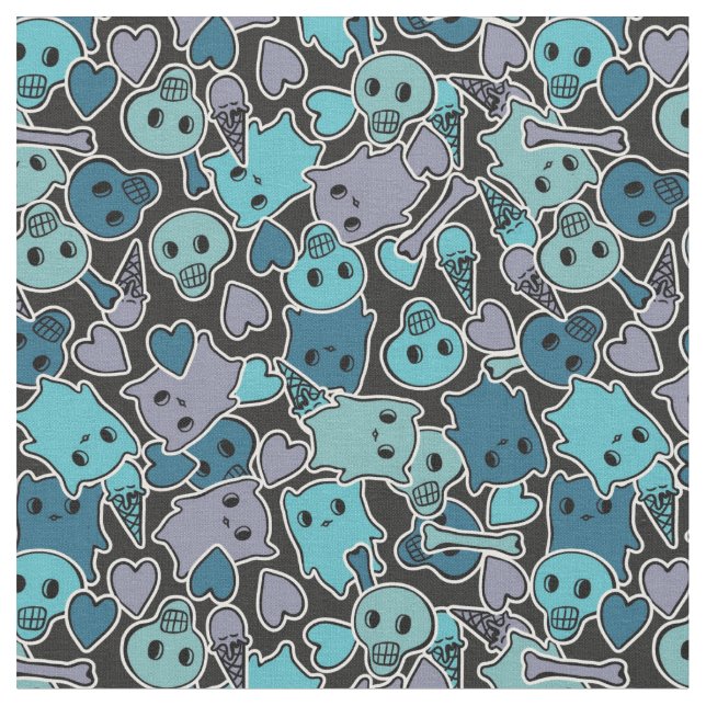 Skulls, and hearts on black background 2 fabric (Close Up)