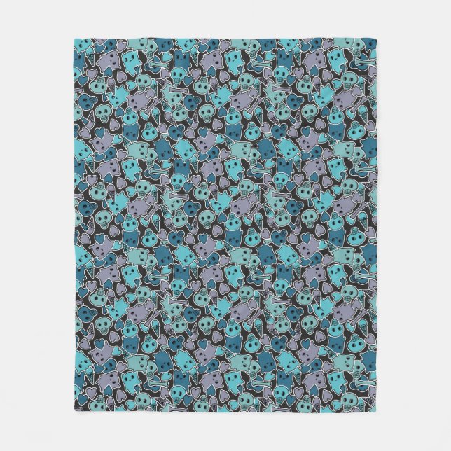 Skulls, and hearts on black background 2 fleece blanket (Front)