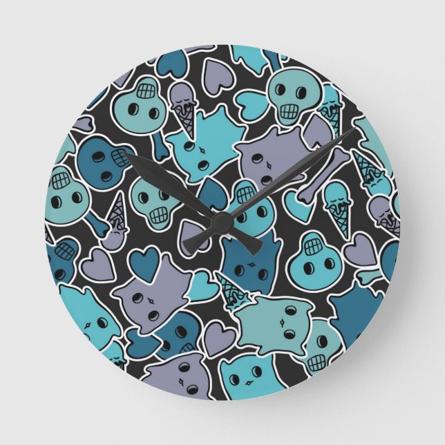 Skulls, and hearts on black background 2 round clock (Front)