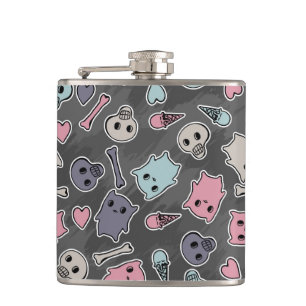 Skulls, and hearts on black background hip flask
