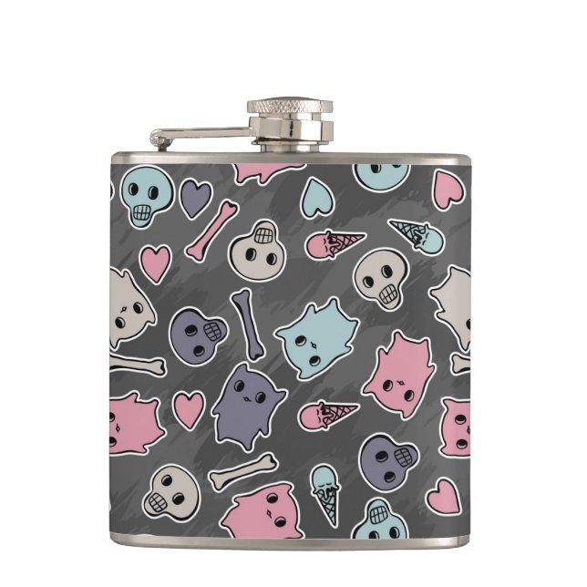 Skulls, and hearts on black background hip flask (Front)