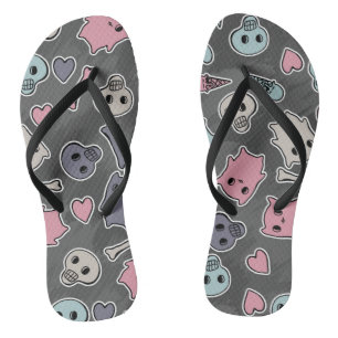 Skulls, and hearts on black background jandals