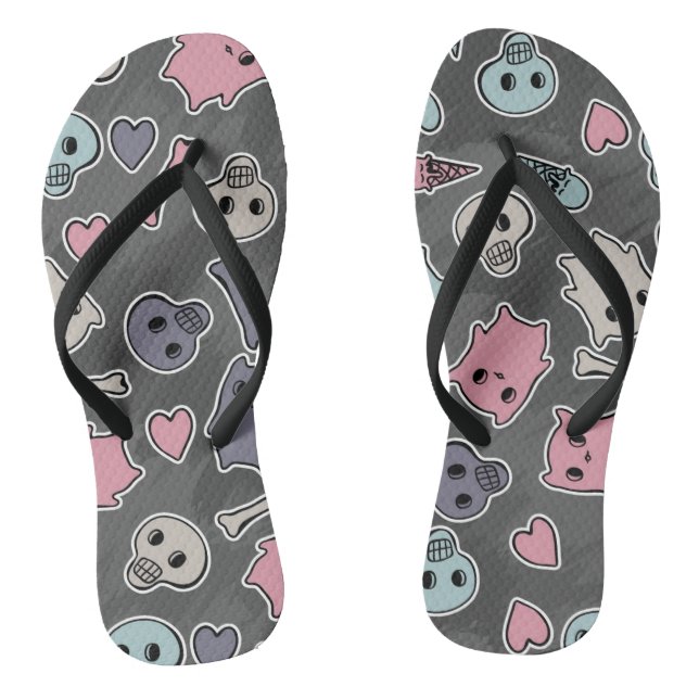 Skulls, and hearts on black background jandals (Footbed)