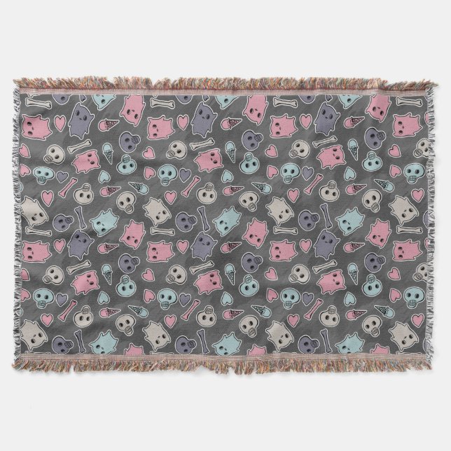 Skulls, and hearts on black background throw blanket (Front)