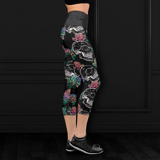 Skulls and Ombre Roses | Gothic Glam Pastel Grunge Capri Leggings (Creator Uploaded)