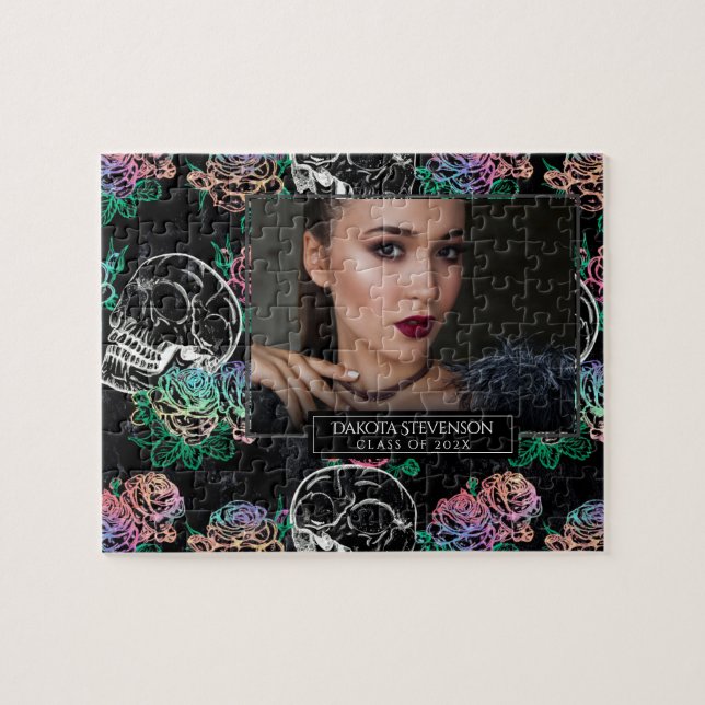 Skulls and Ombre Roses | Gothic Graduation Photo Jigsaw Puzzle (Horizontal)