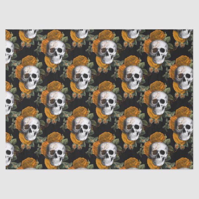 Skulls and Orange Flowers on Black Decoupage Tissue Paper (Front)