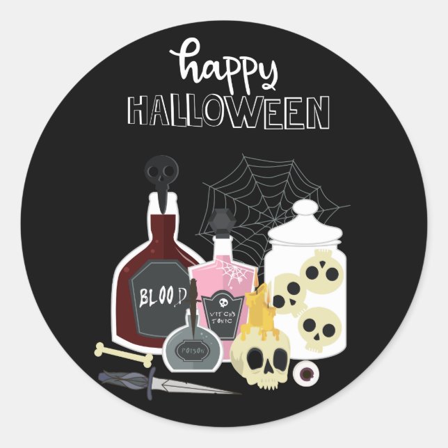 Skulls and Potions Illustrations Happy Halloween Classic Round Sticker (Front)
