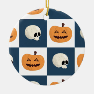 Skulls and Pumpkins Checks Ceramic Tree Decoration