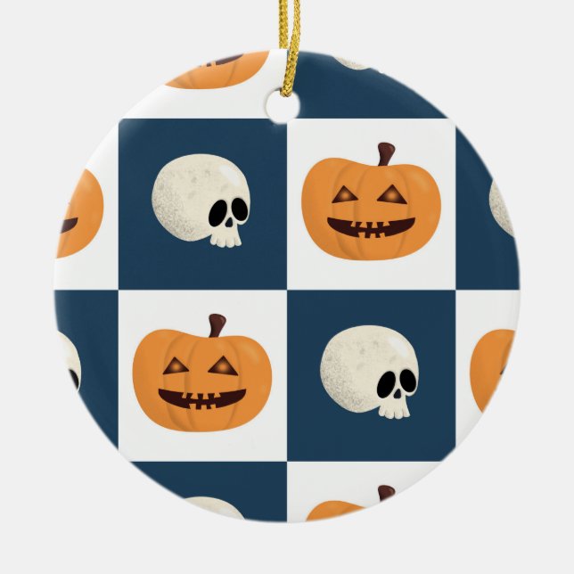 Skulls and Pumpkins Checks Ceramic Tree Decoration (Front)