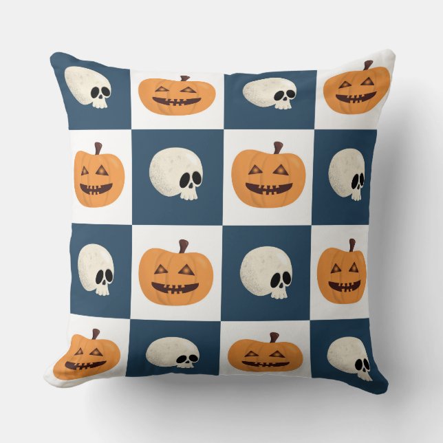 Skulls and Pumpkins Checks Cushion (Front)