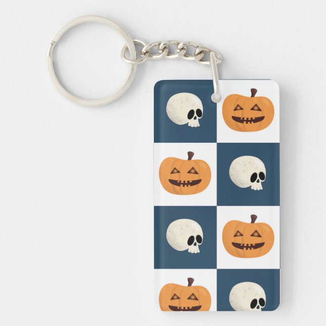 Skulls and Pumpkins Checks Key Ring (Front)