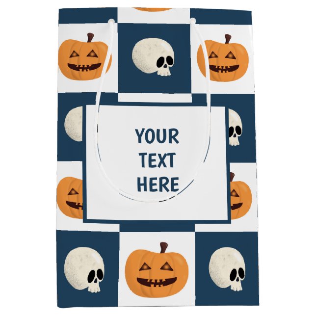 Skulls and Pumpkins Checks Medium Gift Bag (Front)