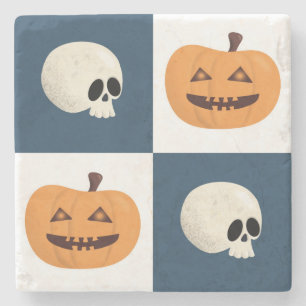 Skulls and Pumpkins Checks Stone Coaster