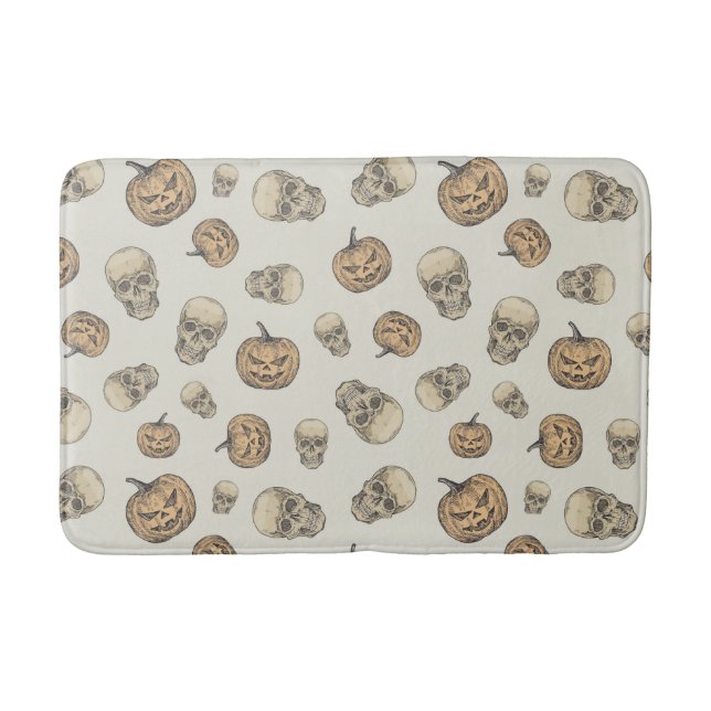 Skulls and Pumpkins Halloween Pattern Bath Mat (Front)
