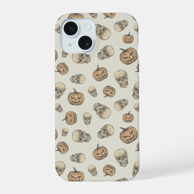 Skulls and Pumpkins Halloween Pattern iPhone 15 Case (Back)