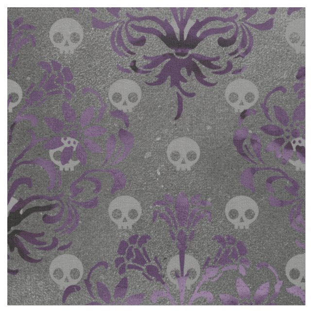 Skulls and Purple Damask on Grey Fabric (Close Up)