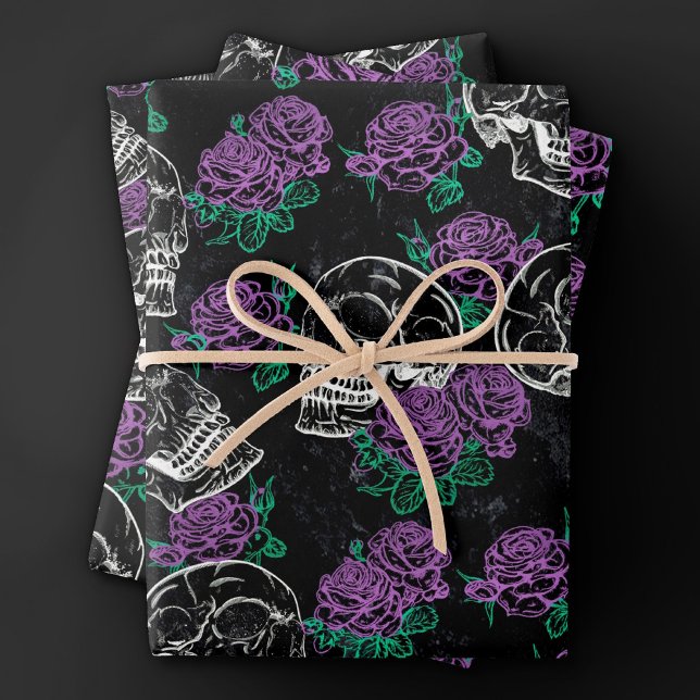 Skulls and Purple Roses | Dark Gothic Grunge Glam Wrapping Paper Sheet (Creator Uploaded)
