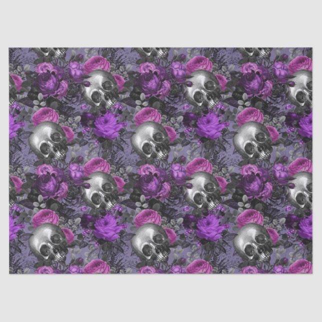 Skulls and Purple Roses on Light Purple Decoupage Tissue Paper (Front)
