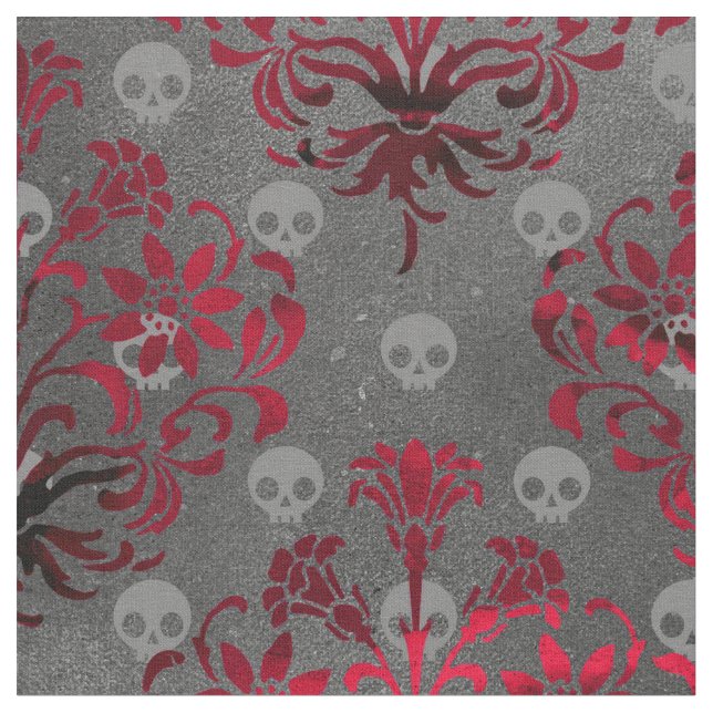 Skulls and Red Damask on Grey Fabric (Close Up)
