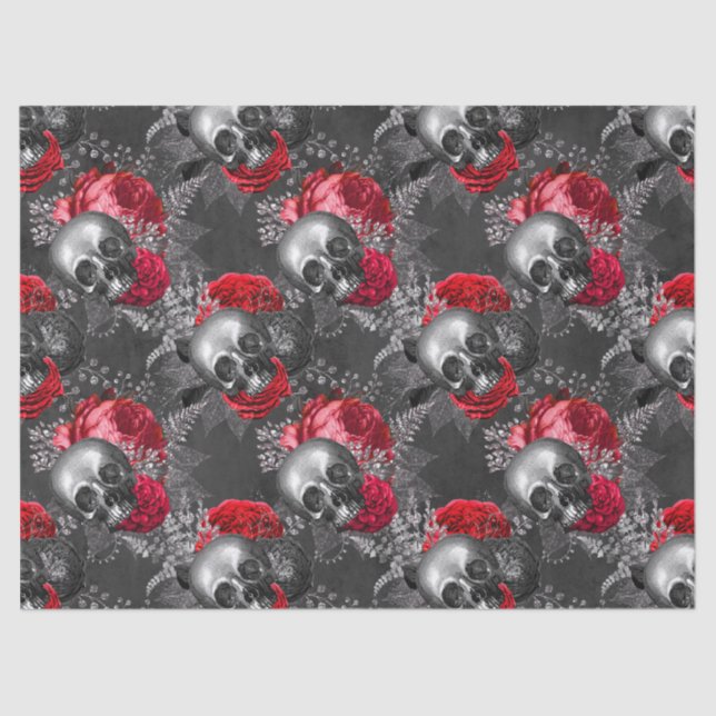 Skulls and Red Flowers on Grey Decoupage Tissue Paper (Front)