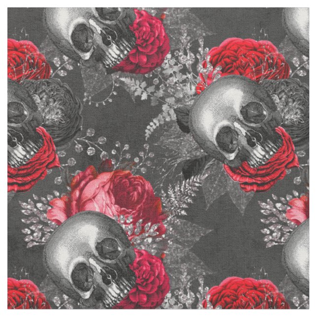 Skulls and Red Flowers on Grey Fabric (Close Up)