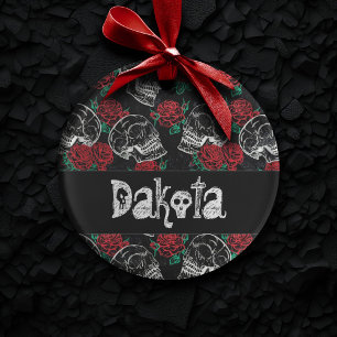 Skulls and Red Roses   Modern Gothic Glam Custom Ornament