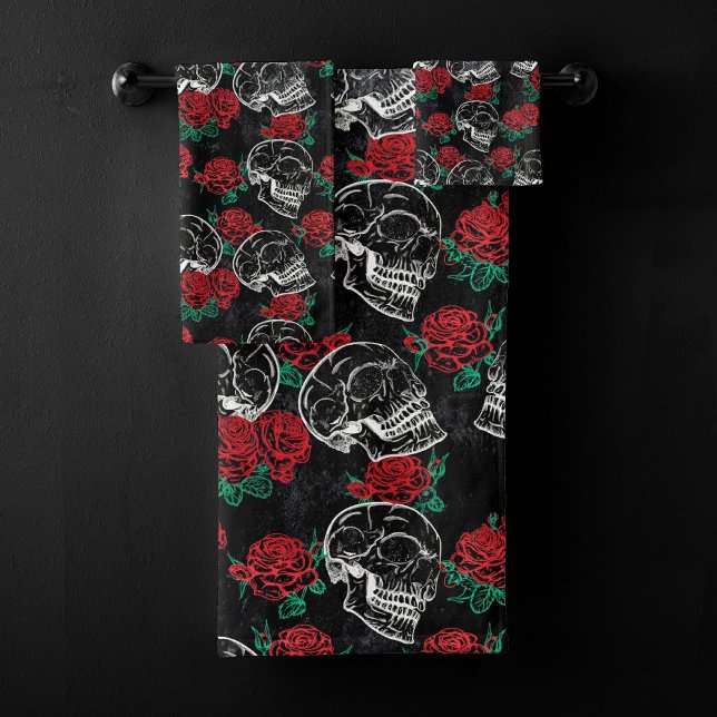 Skulls and Red Roses | Modern Gothic Glam Grunge Bath Towel Set (Creator Uploaded)