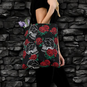 Skulls and Red Roses Modern Gothic Glam Grunge Tote Bag