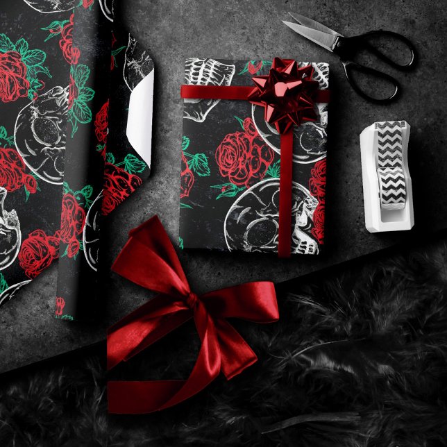 Skulls and Red Roses | Modern Gothic Glam Grunge Wrapping Paper (Creator Uploaded)