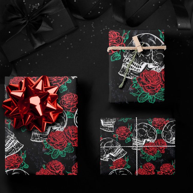 Skulls and Red Roses | Modern Gothic Glam Grunge Wrapping Paper Sheet (Creator Uploaded)
