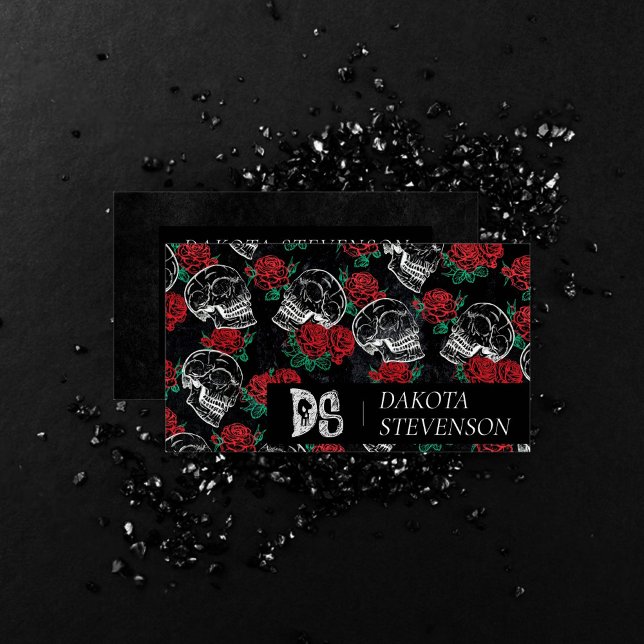 Skulls and Red Roses | Modern Gothic Glam Monogram Business Card (Creator Uploaded)