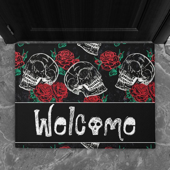 Skulls and Red Roses | Modern Gothic Glam Welcome Doormat (Creator Uploaded)
