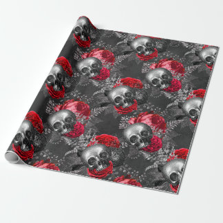 Skulls and Red Roses on Grey Wrapping Paper
