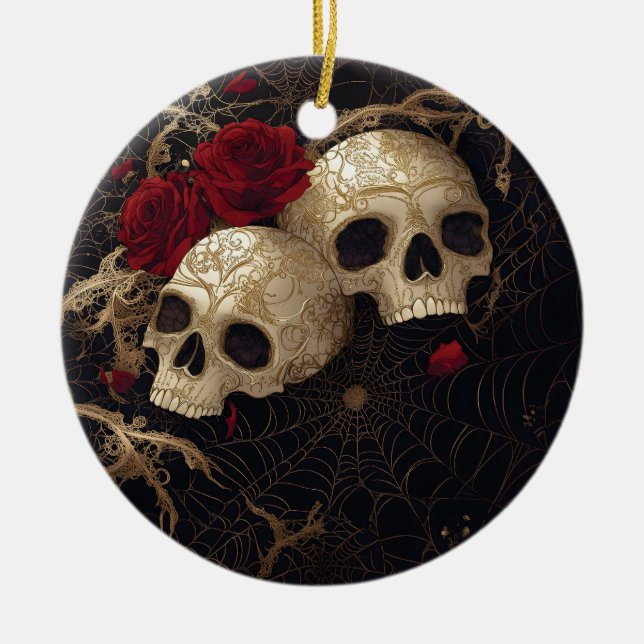 Skulls and red roses style design ceramic tree decoration (Front)
