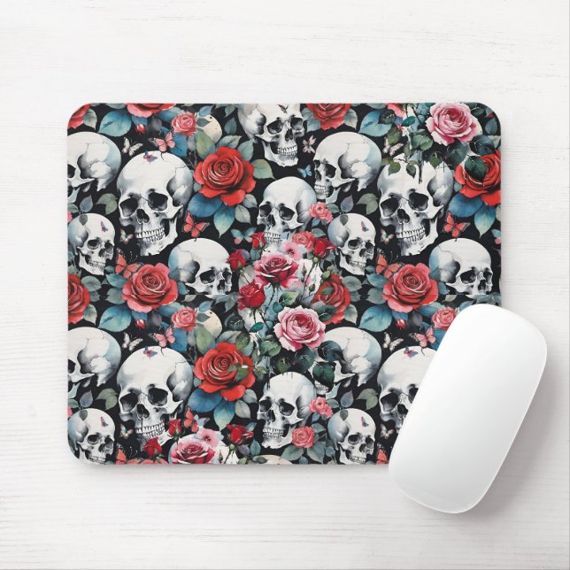 Skulls and Red Roses with Butterflies Mouse Pad (With Mouse)