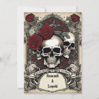 Skulls And Rose Lattice Traditional Gothic Wedding Invitation