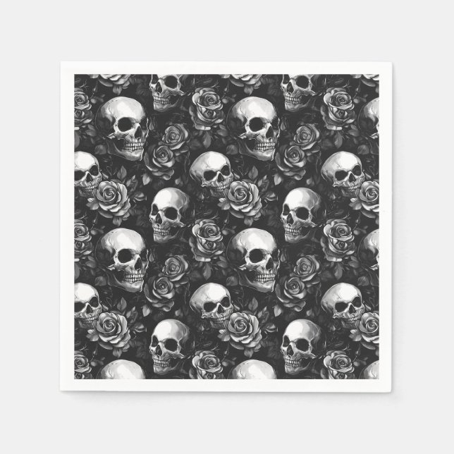 Skulls And Roses Black Halloween Napkin (Front)
