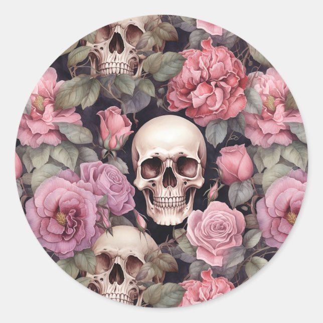 Skulls and roses classic round sticker (Front)