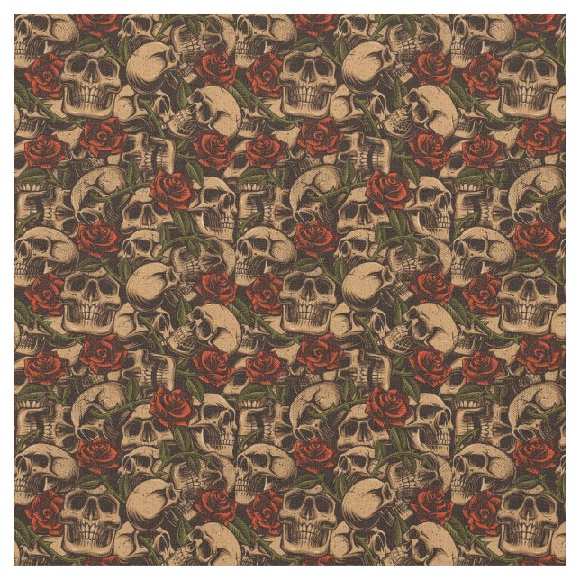 Skulls and Roses Pattern floral  Fabric (Close Up)